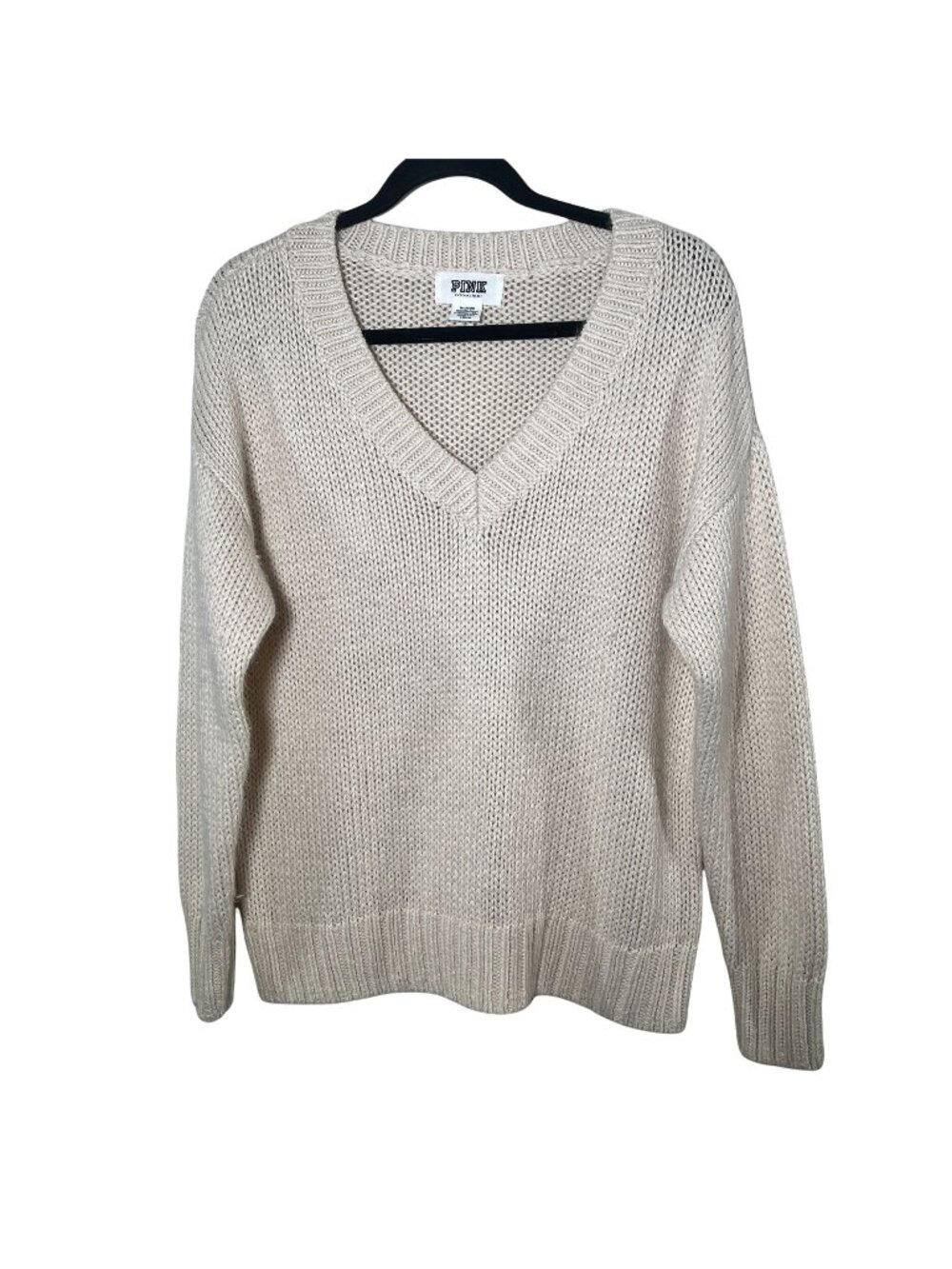 Victorias Secret PINK Sweater Womens M Cream Chunky V Neck Knit Preppy Cozy Fall